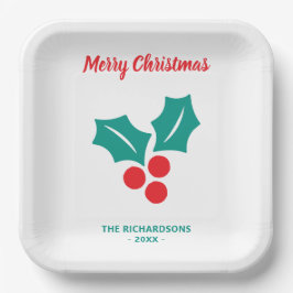Plato De Papel Holly Merry Christmas Red White Green Custom Name