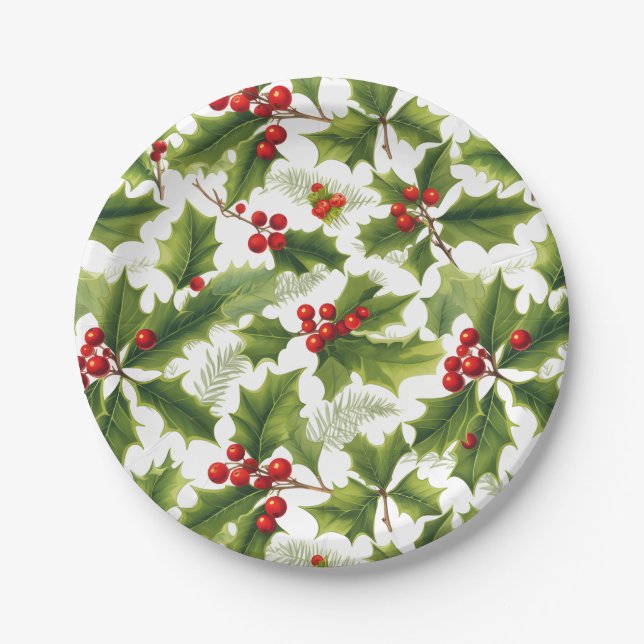 Plato De Papel Holly Navidades Fiesta Papel Plate rojo y verde (Anverso)