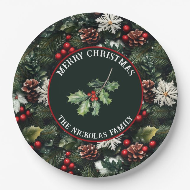 Plato De Papel Holly & Pine Celebration (Anverso)