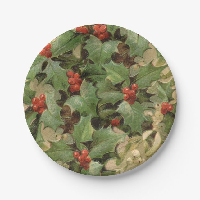 Plato De Papel Holly Tree Navidades Holiday Vintage (Anverso)