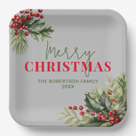 Plato De Papel Holly y Pine sobre el Fiesta de los Navidades grie