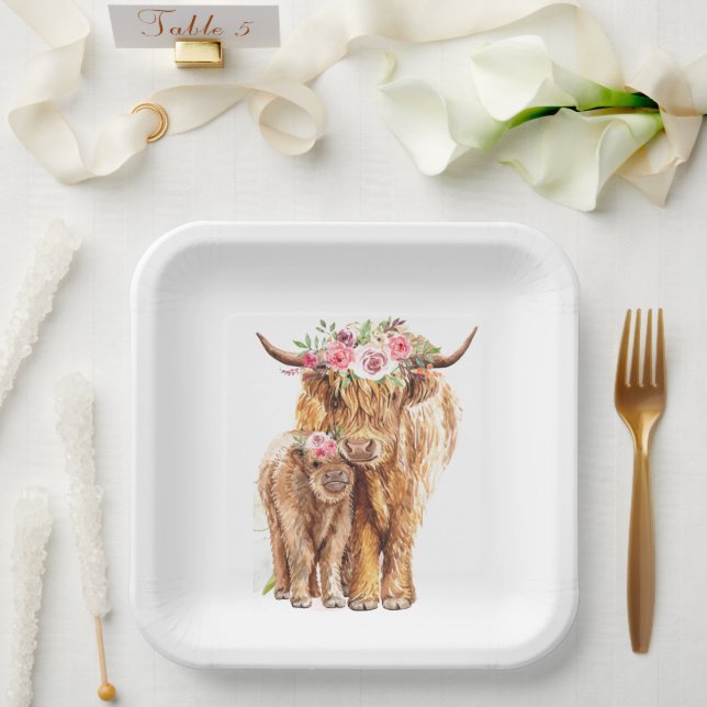 Plato De Papel Holy Cow Baby Shower Boho Highland Calf (Boda)