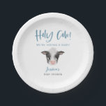 Plato De Papel Holy Cow Boy Baby Shower<br><div class="desc">Granja temática rústica con placa de ducha de bebé con acuarela de ilustracion de una vaca bebé. El texto dice "¡vaca sagrada! ¡estamos teniendo un bebé!"</div>