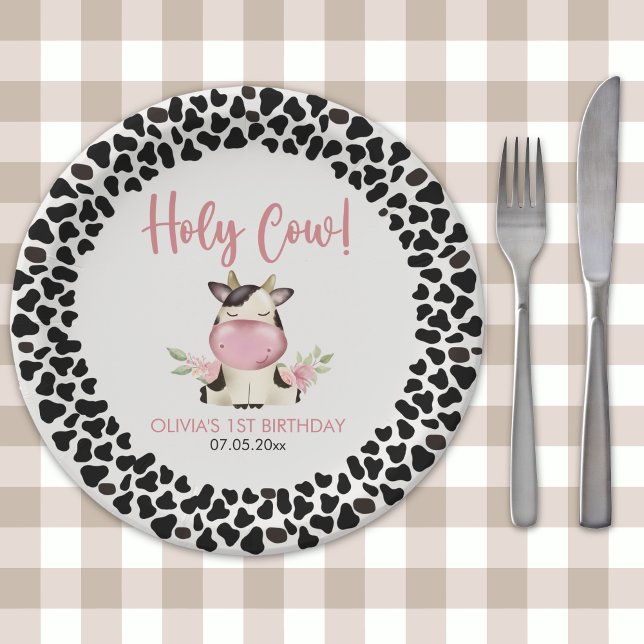 Plato De Papel Holy Cow Cute Birthday Girl with Cow Theme (Subido por el creador)