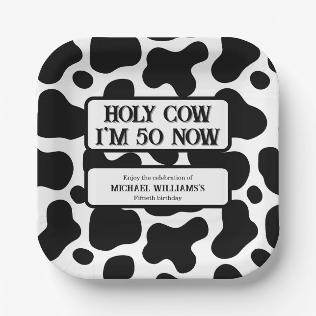 Plato De Papel Holy Cow Funny Black White 50th Birthday (Anverso)