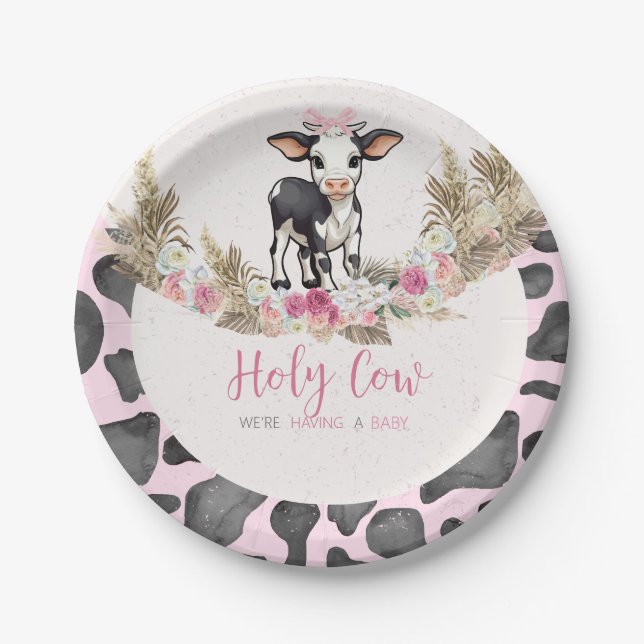Plato De Papel Holy Cow Pink cow imprime una ducha de bebé (Anverso)