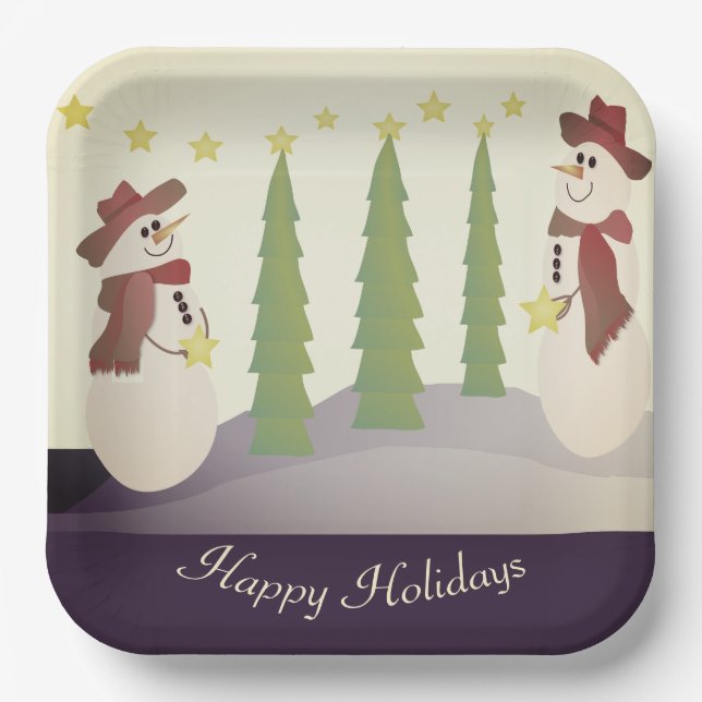 Plato De Papel Hombre De Nieve Con Azul Y Beige (Anverso)