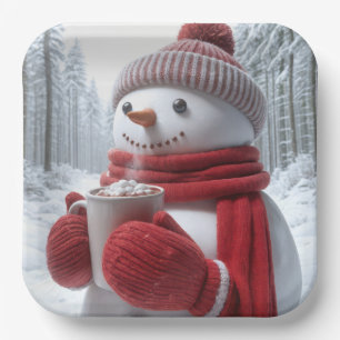 Plato De Papel Hombre De Nieve Con Chocolate Caliente