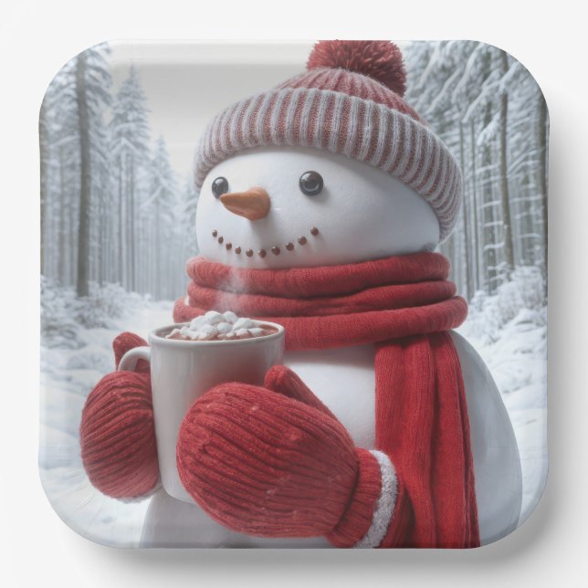Plato De Papel Hombre De Nieve Con Chocolate Caliente (Anverso)