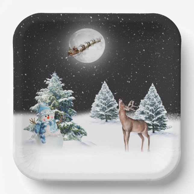 Plato De Papel Hombre de nieve con ciervo y Santa Claus Sleigh (Anverso)