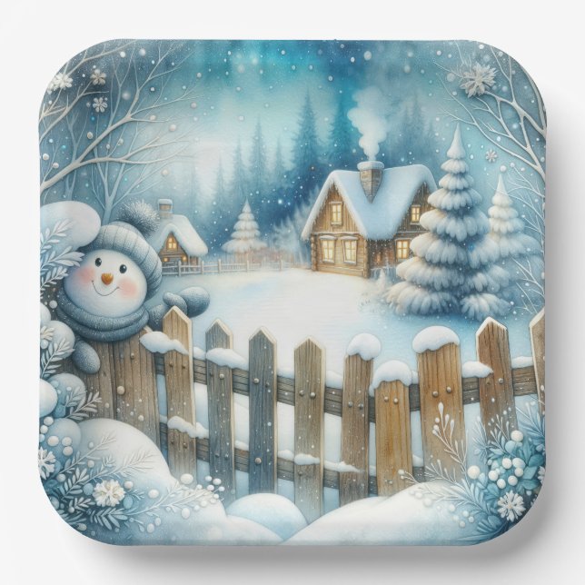 Plato De Papel Hombre De Nieve Con Navidad (Anverso)