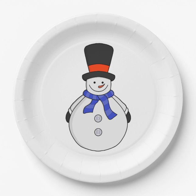 Plato De Papel Hombre de nieve con sombrero superior (Anverso)