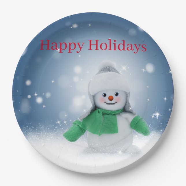 Plato De Papel Hombre de nieve con una bufanda verde (Anverso)