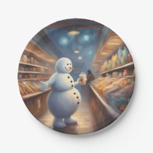 Plato De Papel Hombre de nieve de invierno comprando con café fie