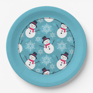 Plato De Papel Hombre de nieve festivo en patrón azul