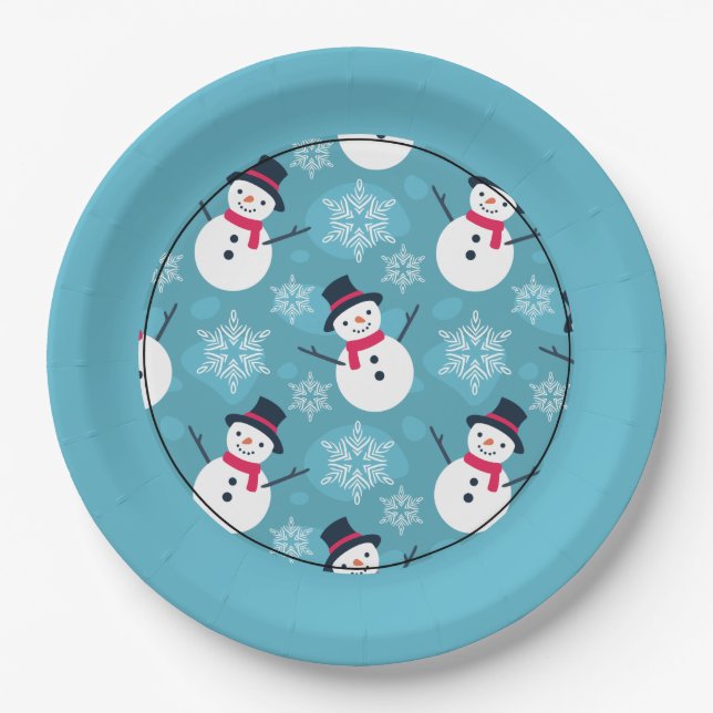 Plato De Papel Hombre de nieve festivo en patrón azul (Anverso)