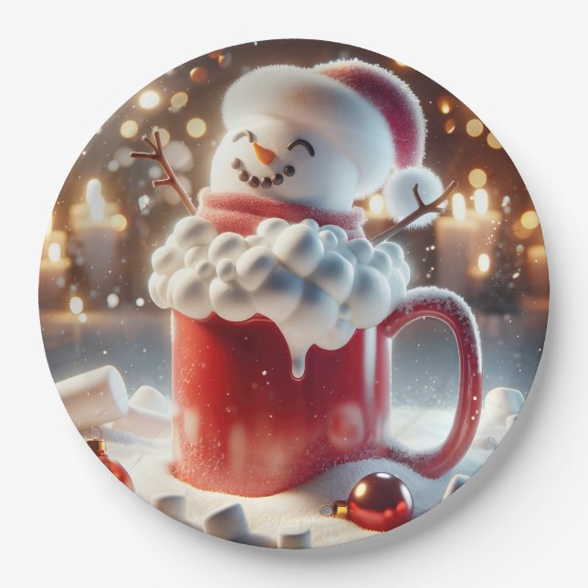 Plato De Papel Hombre De Nieve Marshmallow En Chocolate Caliente (Anverso)