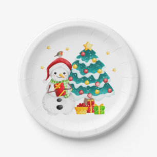 Plato De Papel Hombre de nieve y árbol de Navidad