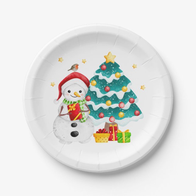 Plato De Papel Hombre de nieve y árbol de Navidad (Anverso)