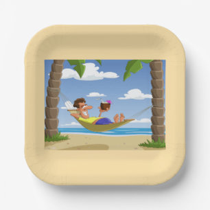 Plato De Papel Hombre divertido relajándose en hamaca de playa