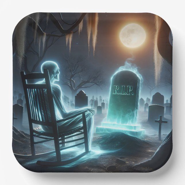 Plato De Papel Hombre Fantasma En Cementerio (Anverso)