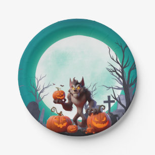 Plato De Papel hombre lobo y calabazas de Halloween