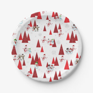 Plato De Papel Hombres de nieve y árboles de Navidad