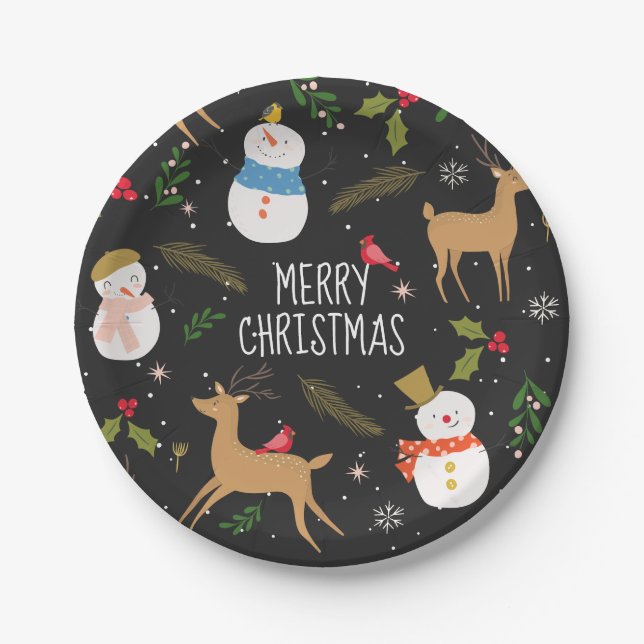 Plato De Papel Hombres de nieve y Navidades renos (Anverso)