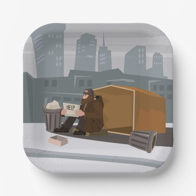 Plato De Papel Homeless Man Holding Help Sign Urban Poverty (Anverso)