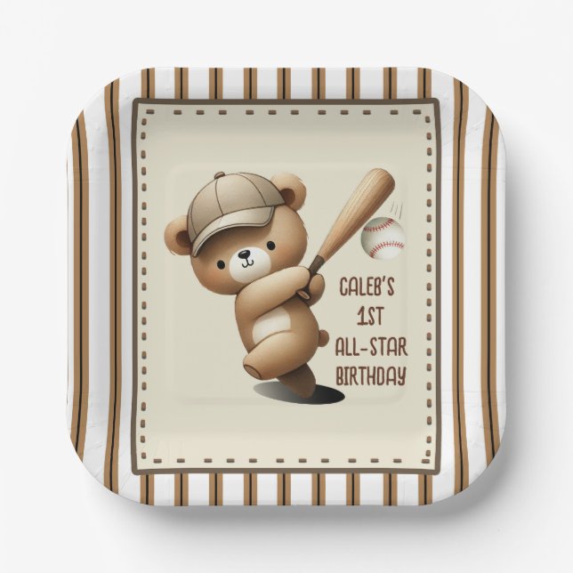 Plato De Papel Homerun Hitter Stripe Baseball Bear Primer Cumplea (Anverso)