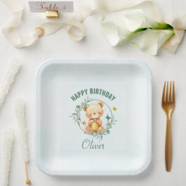 Plato De Papel Honey Bear Cute Greenery Boy Feliz cumpleaños