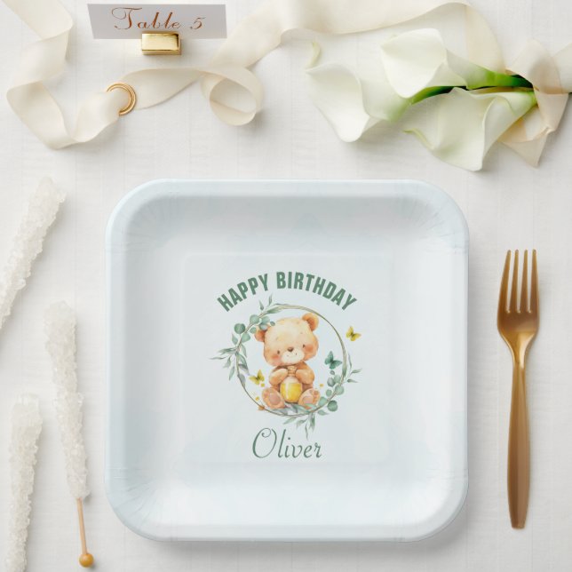 Plato De Papel Honey Bear Cute Greenery Boy Feliz cumpleaños (Boda)