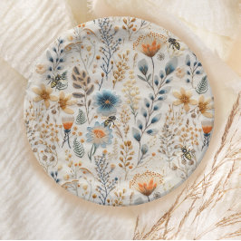 Plato De Papel Honey Bee ducha vintage azul floral de bebé
