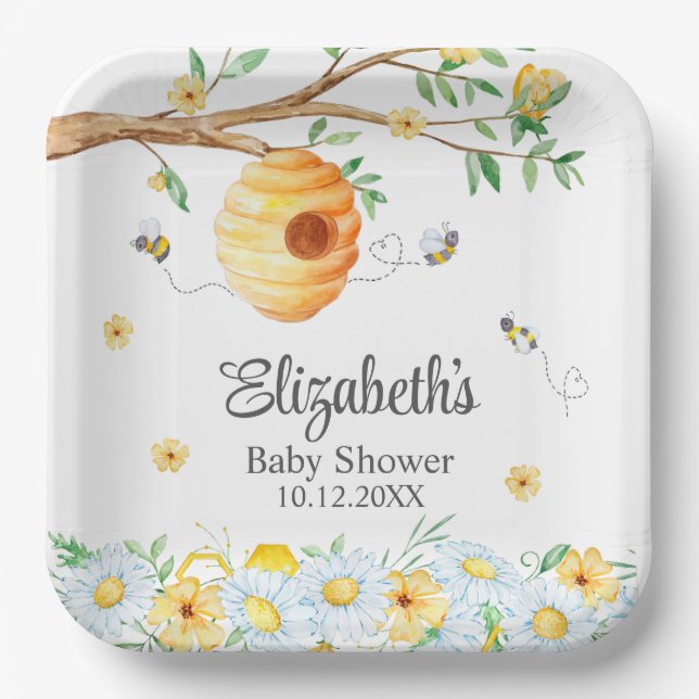 Plato De Papel Honeycomb Bee Chamomile Baby Shower (Anverso)