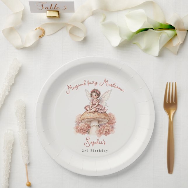 Plato De Papel Hongo de hada mágica cumpleaños 3º  (Boda)