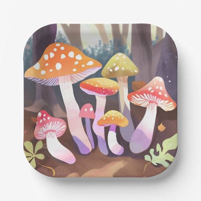 Plato De Papel Hongos Lindos | Bosque Acuarela (Anverso)