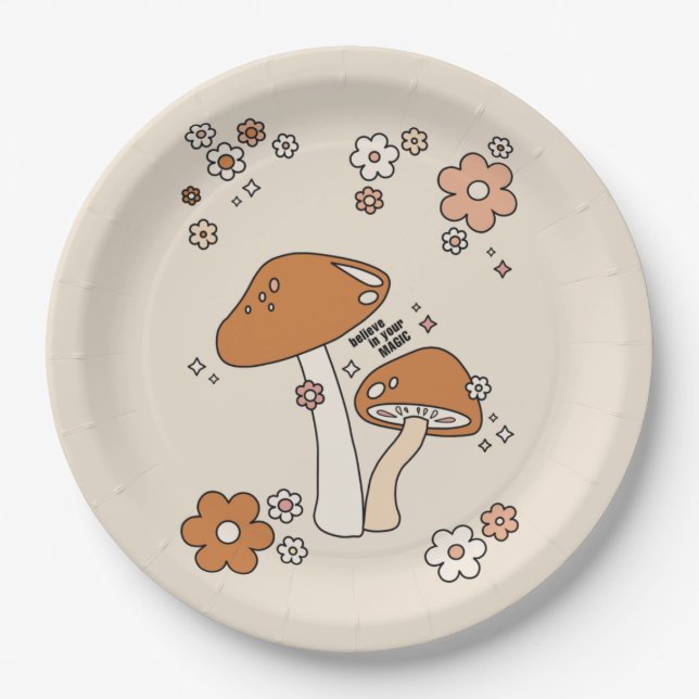 Plato De Papel Hongos y flores terrestres tonos beige retro años  (Anverso)