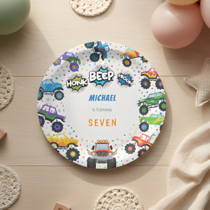 Plato De Papel Honk beep vroom camiones monstruo cumpleaños