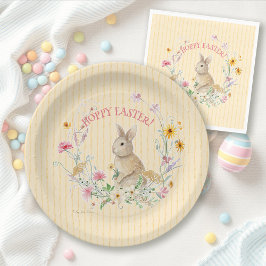 Plato De Papel Hoppy Easter Bunny Wildflower Floral Watercolor