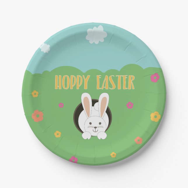 Plato De Papel Hoppy Easter palabra pun conejo blanco (Anverso)