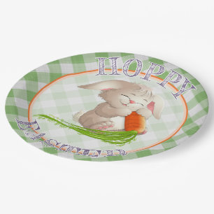 Plato De Papel Hoppy Happy Easter Bunny Green Gingham Pattern