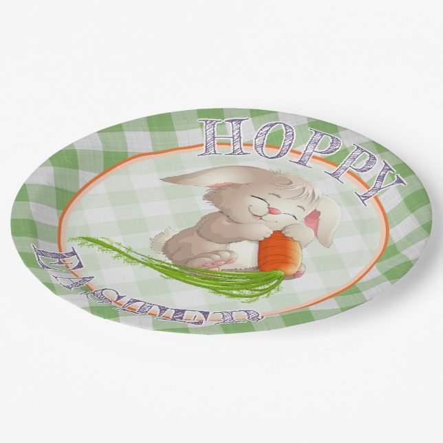 Plato De Papel Hoppy Happy Easter Bunny Green Gingham Pattern (Angular)