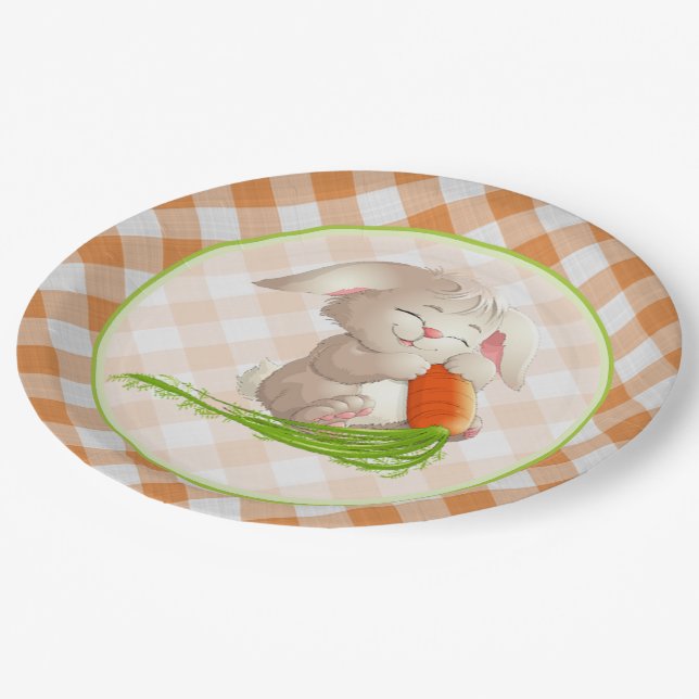 Plato De Papel Hoppy Happy Easter Bunny Naranja Gingham Pattern (Angular)