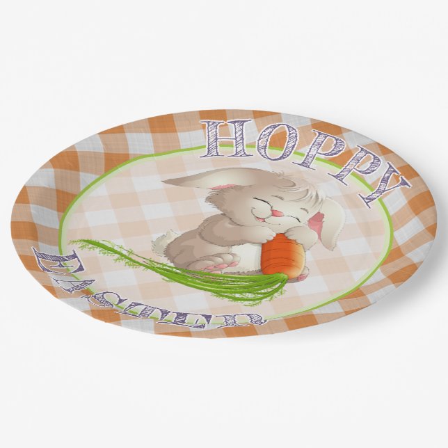 Plato De Papel Hoppy Happy Easter Bunny Naranja Gingham Pattern (Angular)