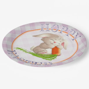 Plato De Papel Hoppy Happy Easter Bunny Pink Gingham Pattern