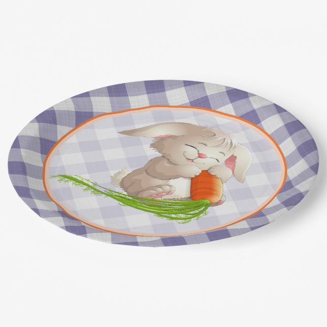 Plato De Papel Hoppy Happy Easter Bunny Violet Gingham Pattern (Angular)