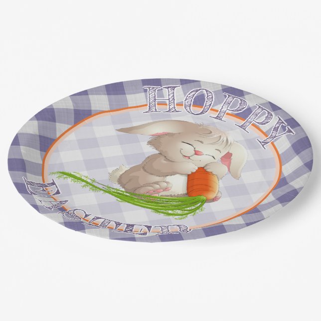 Plato De Papel Hoppy Happy Easter Bunny Violet Gingham Pattern (Angular)