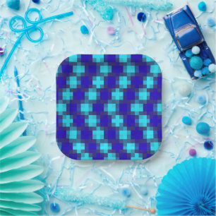 Plato De Papel Horizonte Azul: Patrón De Cuadros Azules,