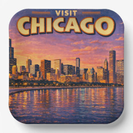 Plato De Papel horizonte de Chicago y lago Michigan al atardecer