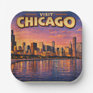 Plato De Papel horizonte de Chicago y lago Michigan al atardecer